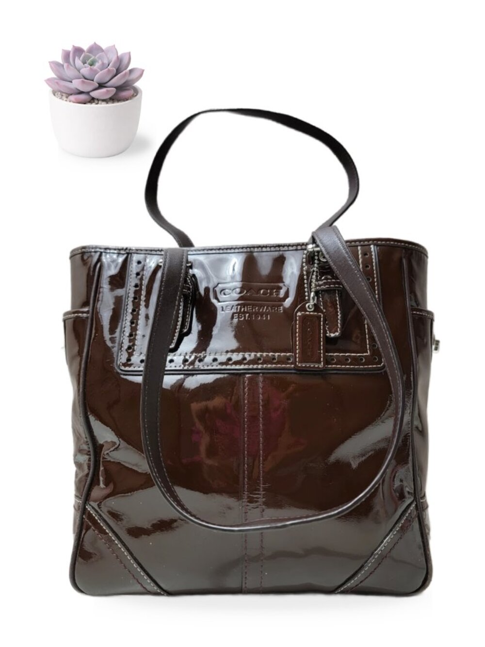 Coach Hamptons Patent Leather Lunch Tote Mahogany Brown Silver Hardware F11519